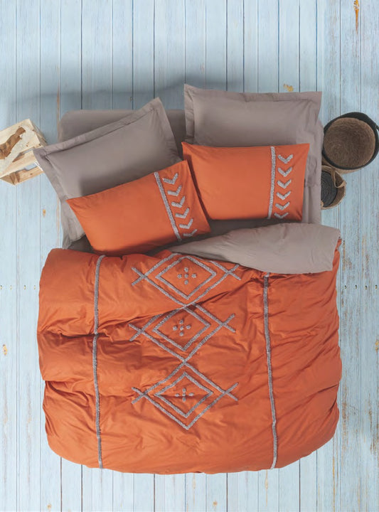 Bettwäsche Set für 2Person Puff Nakisli Liva -Kiremit/Bej